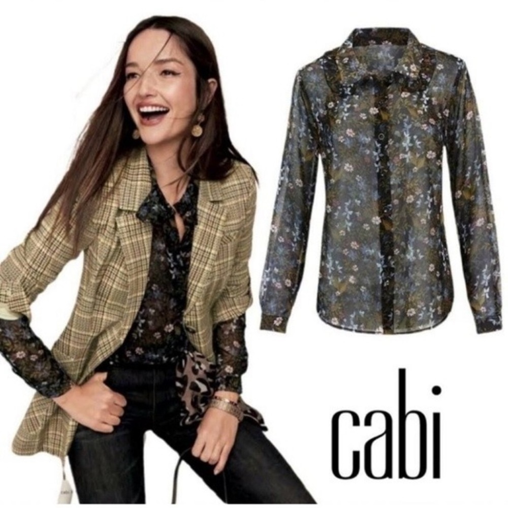 Cabi Floret Blouse #3593 Black Sheer Hillside Floral Ruffle - Medium